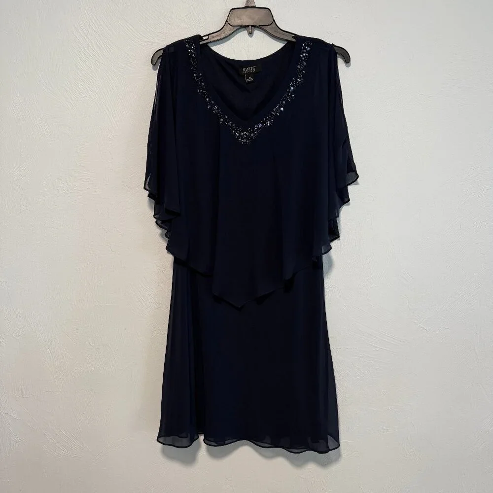 Jeweled V-Neck Chiffon Overlay Flutter Short-Sleeve Navy Blue Shift Dress - Picture 2 of 8